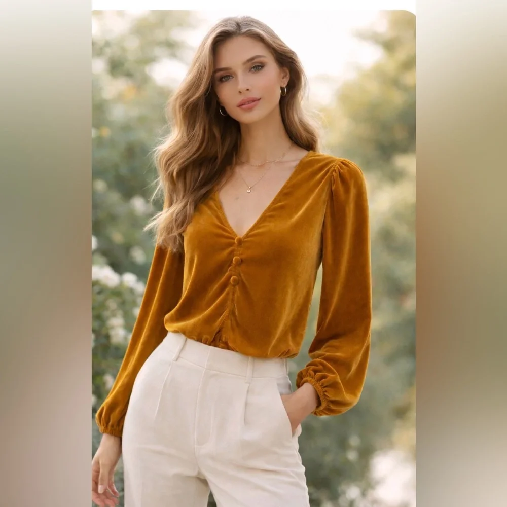 Old Navy Mustard Gold Romantic Velvet V-Neck Top Long Puff Sleeves Size M Tall